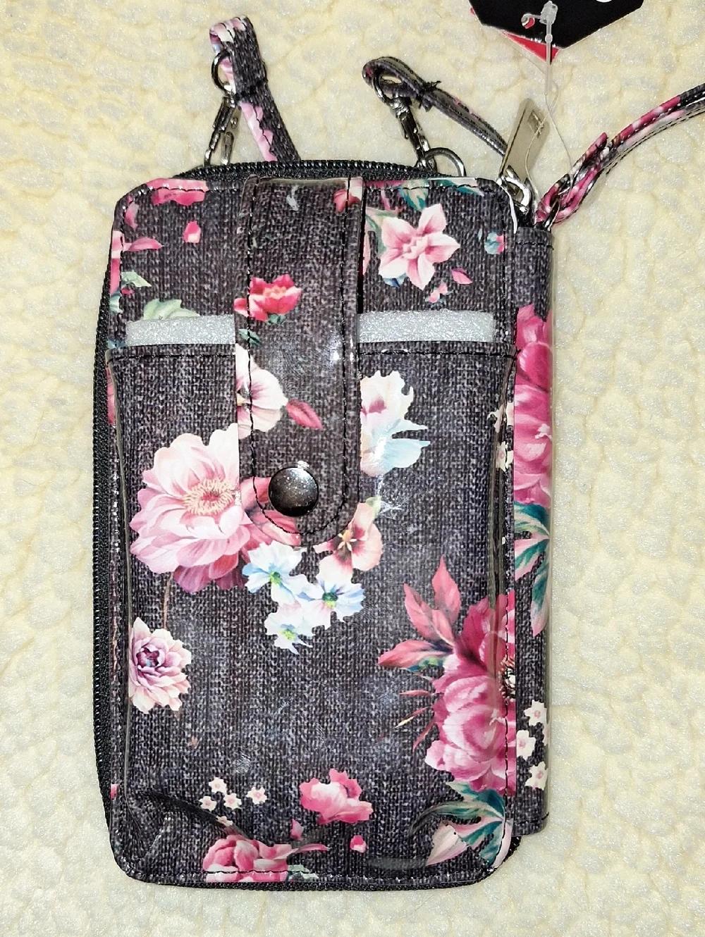 Kelly & Katie Black Floral Wristlet Phone Pouch with Pink Flowers